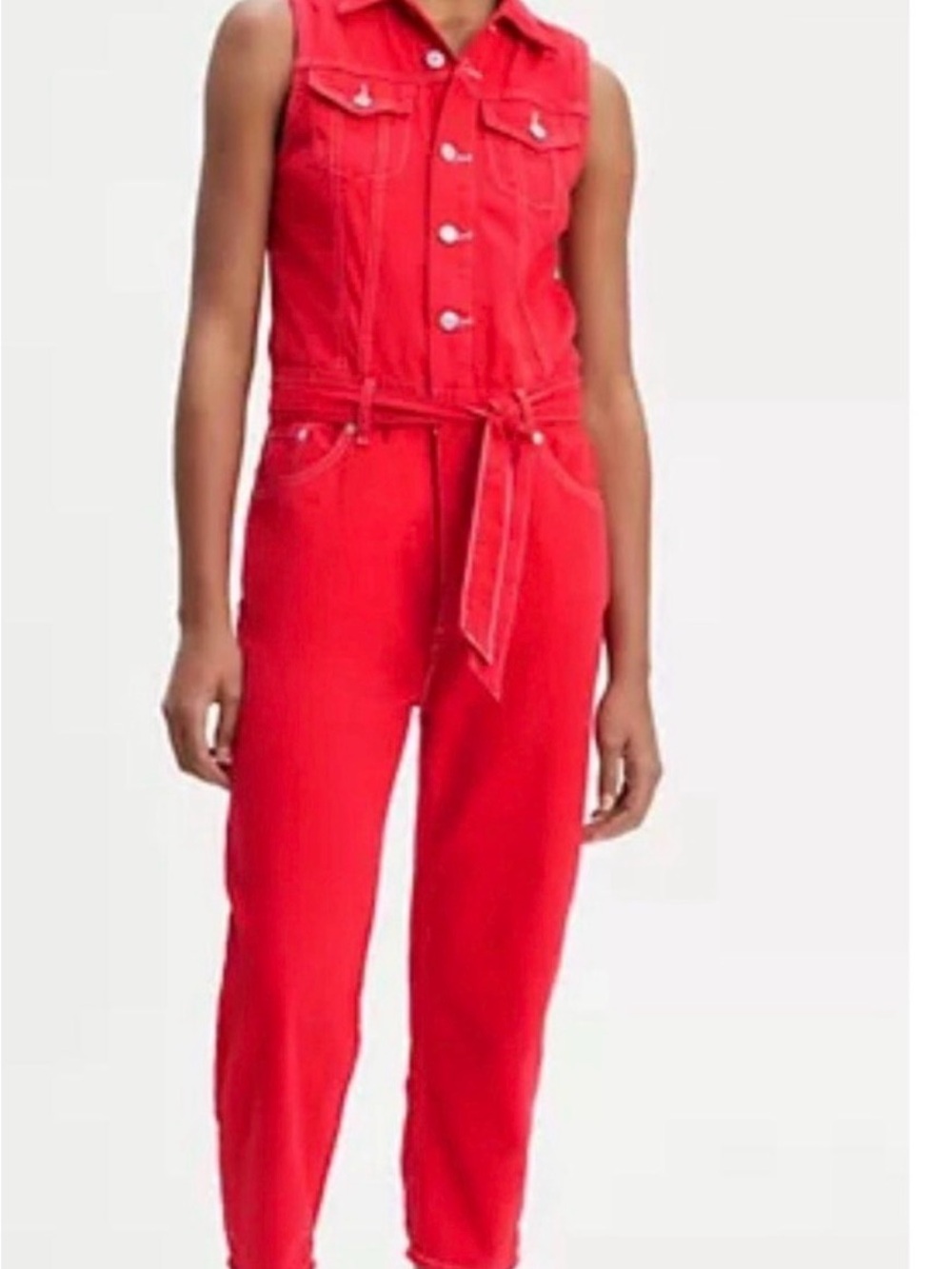 Levi's Red Sleeveless Denim Jumpsuit $128